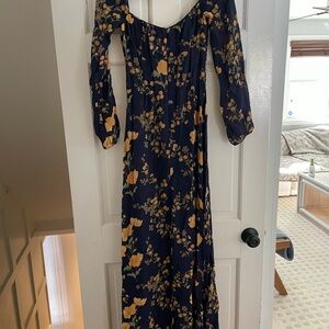 Reformation Navy and Mustard Floral Long Sleeve Dress